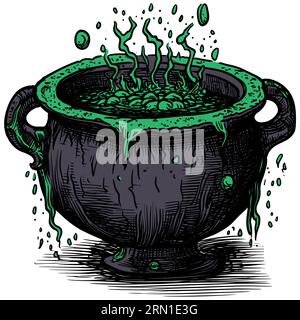 Cartoon illustration of boiling witches cauldron isolated on white background. Stock Vector