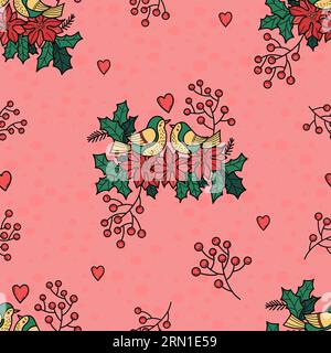 Christmas romantic Seamless Pattern. Pair of love birds with heart, berries, poinsettia flowers, holly on pink background. Vector illustration. Xmas f Stock Vector