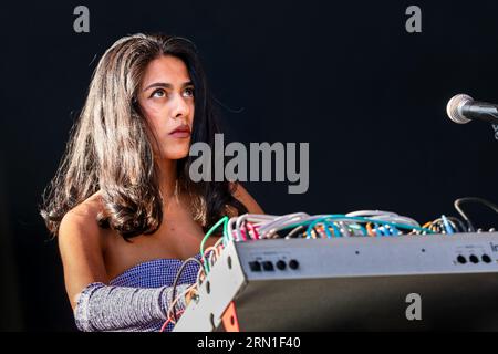 Arushi Jain – AKA Modular Princess – on the Walled Garden Stage at Green Man Festival in Wales, UK, August 2023. Photo: Rob Watkins Stock Photo