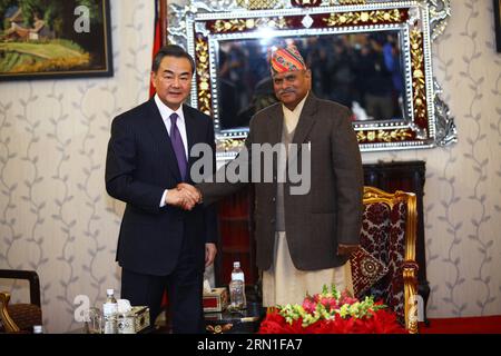 (141226) -- KATHMANDU, Dec. 26, 2014 -- Chinese Foreign Minister Wang Yi (L) meets with Nepalese President Ram Baran Yadav at the President s Residence in Kathmandu, Nepal, Dec. 26, 2014. A Chinese delegation led by Foreign Minister Wang Yi arrived here on Thursday for a three-day official goodwill visit, the highest level one from the Chinese side after the election of Nepal s Constituent Assembly in November 2013. ) NEPAL-KATHMANDU-CHINESE FM-PRESIDENT-MEETING PratapxThapa PUBLICATIONxNOTxINxCHN   Kathmandu DEC 26 2014 Chinese Foreign Ministers Wang Yi l Meets With Nepalese President RAM Bar Stock Photo