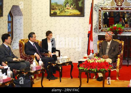 (141226) -- KATHMANDU, Dec. 26, 2014 -- Chinese Foreign Minister Wang Yi (2nd L) meets with Nepalese President Ram Baran Yadav (1st R) at the President s Residence in Kathmandu, Nepal, Dec. 26, 2014. A Chinese delegation led by Foreign Minister Wang Yi arrived here on Thursday for a three-day official goodwill visit, the highest level one from the Chinese side after the election of Nepal s Constituent Assembly in November 2013. ) NEPAL-KATHMANDU-CHINESE FM-PRESIDENT-MEETING PratapxThapa PUBLICATIONxNOTxINxCHN   Kathmandu DEC 26 2014 Chinese Foreign Ministers Wang Yi 2nd l Meets With Nepalese P Stock Photo