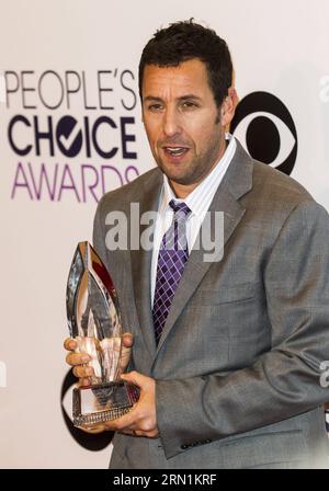 (150108) -- LOS ANGELES, Jan. 8, 2015 -- Actor Adam Sandler poses with the award for Favorite Comedic Movie Actor in the press room at the 41st Annual People s Choice Awards at Nokia Theatre in Los Angeles, California, the United States, Jan. 7, 2015. ) U.S.-LOS ANGELES-PEOPLE S CHOICE AWARDS ZhaoxHanrong PUBLICATIONxNOTxINxCHN   Los Angeles Jan 8 2015 Actor Adam Sandler Poses With The Award for Favorite comedic Movie Actor in The Press Room AT The 41st Annual Celebrities S Choice Awards AT Nokia Theatre in Los Angeles California The United States Jan 7 2015 U S Los Angeles Celebrities S Choic Stock Photo