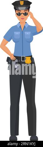 Confident policewoman in uniform. Standing police officer with sunglasses cartoon vector illustration Stock Vector