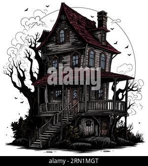 Illustration of creepy haunted house on white background. Stock Vector