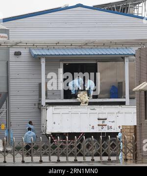 Epidemic prevention personnel put culled chickens into a freight car in Pingtung County, southeast China s Taiwan, Jan. 10, 2015. About 120,000 chickens have been culled after H5N2 avian influenza virus was deteced at a chicken farm here on Friday. () (zkr) CHINA-TAIWAN-PINGTUNG-AVIAN INFLUENZA VIRUS-CULLING(CN) Xinhua PUBLICATIONxNOTxINxCHN   Epidemic Prevention Personnel Put culled Chickens into a Freight Car in Pingtung County South East China S TAIWAN Jan 10 2015 About 120 000 Chickens have been culled After  Avian Influenza Virus what  AT a Chicken Farm Here ON Friday CCR China TAIWAN Pin Stock Photo