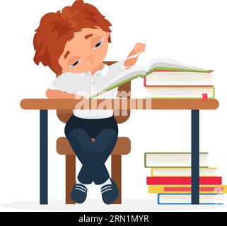 Exhausted school student reading books. Tired school pupil learning cartoon vector illustration Stock Vector