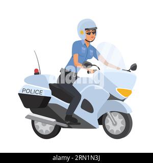 Policewoman riding motorcycle. Patrol police officer on motorbike cartoon vector illustration Stock Vector