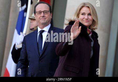 (150111) -- PARIS, Jan. 11, 2015 -- French President Francois Hollande (L) welcomes Danish Prime Minister Helle Thorning-Schmidt at the Elysee Palace in Paris, France, Jan. 11, 2015. A massive march commenced Sunday afternoon in Paris with the participation of French President Francois Hollande and leaders from dozens of foreign countries. More than a million French would walk in the streets of Paris in honor of the 17 victims killed during the three days deadly terrorist attack. ) FRANCE-PARIS-MARCH AGAINST EXTREMISM ChenxXiaowei PUBLICATIONxNOTxINxCHN   Paris Jan 11 2015 French President Fra Stock Photo