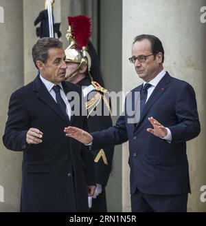 (150111) -- PARIS, Jan. 11, 2015 -- French President Francois Hollande (R) welcomes former French President Nicolas Sarkozy at the Elysee Palace in Paris, France, Jan. 11, 2015. A massive march commenced Sunday afternoon in Paris with the participation of French President Francois Hollande and leaders from dozens of foreign countries. More than a million French would walk in the streets of Paris in honor of the 17 victims killed during the three days deadly terrorist attack. ) FRANCE-PARIS-MARCH AGAINST EXTREMISM ChenxXiaowei PUBLICATIONxNOTxINxCHN   Paris Jan 11 2015 French President François Stock Photo