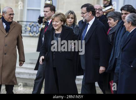 (150111) -- PARIS, Jan. 11, 2015 -- Spanish Prime Minister Mariano Rajoy(5th L) and German Chancellor Angela Merkel(3rd L) set off for a march in Paris, France, Jan. 11, 2015. A massive march commenced Sunday afternoon in Paris with the participation of French President Francois Hollande and leaders from dozens of foreign countries. More than a million French would walk in the streets of Paris in honor of the 17 victims killed during the three days deadly terrorist attack. ) FRANCE-PARIS-MARCH AGAINST EXTREMISM ChenxXiaowei PUBLICATIONxNOTxINxCHN   Paris Jan 11 2015 Spanish Prime Ministers Mar Stock Photo