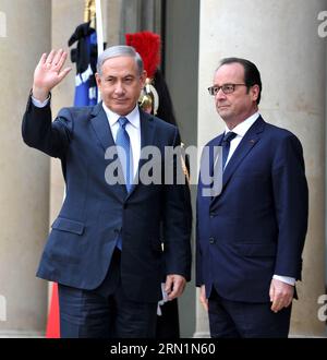 (150111) -- PARIS, Jan. 11, 2015 -- French President Francois Hollande (R) welcomes Israeli Prime Minister Benjamin Netanyahu at the Elysee Palace in Paris, France, Jan. 11, 2015. A massive march commenced Sunday afternoon in Paris with the participation of French President Francois Hollande and leaders from dozens of foreign countries. More than a million French would walk in the streets of Paris in honor of the 17 victims killed during the three days deadly terrorist attack. ) FRANCE-PARIS-MARCH AGAINST EXTREMISM ChenxXiaowei PUBLICATIONxNOTxINxCHN   Paris Jan 11 2015 French President Franço Stock Photo