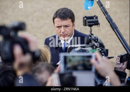 (150111) -- PARIS, Jan. 11, 2015 -- Italy s Prime Minister Matteo Renzi is interviewed by media at the Elysee Palace in Paris, France, Jan. 11, 2015. A massive march commenced Sunday afternoon in Paris with the participation of French President Francois Hollande and leaders from dozens of foreign countries. More than a million French would walk in the streets of Paris in honor of the 17 victims killed during the three days deadly terrorist attack. ) FRANCE-PARIS-MARCH AGAINST EXTREMISM ChenxXiaowei PUBLICATIONxNOTxINxCHN   Paris Jan 11 2015 Italy S Prime Ministers Matteo Renzi IS interviewed b Stock Photo