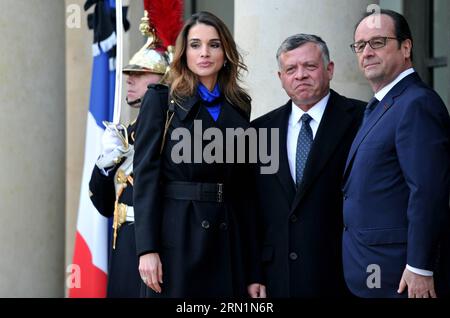 (150111) -- PARIS, Jan. 11, 2015 -- French President Francois Hollande (R) welcomes Queen Rania Abdullah (L) and King Abdullah II of Jordan at the Elysee Palace in Paris, France, Jan. 11, 2015. A massive march commenced Sunday afternoon in Paris with the participation of French President Francois Hollande and leaders from dozens of foreign countries. More than a million French would walk in the streets of Paris in honor of the 17 victims killed during the three days deadly terrorist attack. ) FRANCE-PARIS-MARCH AGAINST EXTREMISM ChenxXiaowei PUBLICATIONxNOTxINxCHN   Paris Jan 11 2015 French Pr Stock Photo