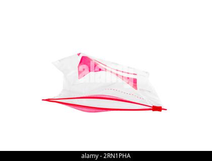 Empty used plastic bag packaging with lock, isolated on white background. Plastic pack mock up for your design Stock Photo