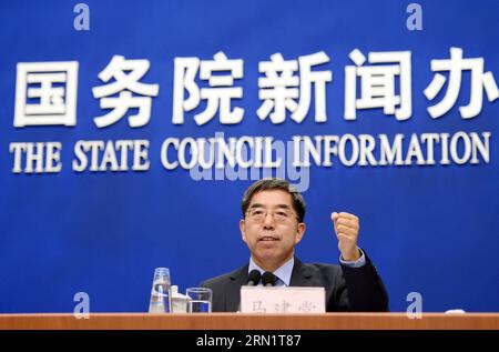 (150120) -- BEIJING, Jan. 20, 2015 -- Ma Jiantang, head of the National Bureau of Statistics (NBS), gestures while speaking at a press conference in Beijing, capital of China, Jan. 20, 2015. China s gross domestic product (GDP) grew 7.4 percent in 2014, registering the weakest expansion in 24 years, NBS data showed on Tuesday. ) (wf) CHINA-BEIJING-NBS-PRESS CONFERENCE(CN) ChenxYehua PUBLICATIONxNOTxINxCHN   Beijing Jan 20 2015 MA Tang Jian Head of The National Bureau of Statistics NBS gestures while Speaking AT a Press Conference in Beijing Capital of China Jan 20 2015 China S big Domestic Pro Stock Photo