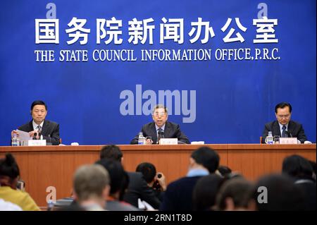 (150120) -- BEIJING, Jan. 20, 2015 -- Ma Jiantang (C), head of the National Bureau of Statistics (NBS), speaks during a press conference in Beijing, capital of China, Jan. 20, 2015. China s gross domestic product (GDP) grew 7.4 percent in 2014, registering the weakest expansion in 24 years, NBS data showed on Tuesday. ) (wf) CHINA-BEIJING-NBS-PRESS CONFERENCE(CN) ChenxYehua PUBLICATIONxNOTxINxCHN   Beijing Jan 20 2015 MA Tang Jian C Head of The National Bureau of Statistics NBS Speaks during a Press Conference in Beijing Capital of China Jan 20 2015 China S big Domestic Product GdP Grew 7 4 pe Stock Photo