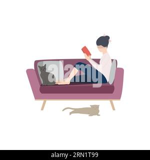 Young woman reading book on sofa among cats flat icon Stock Vector