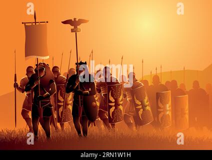 Vector illustration of ancient Rome legionary march in the grass field Stock Vector