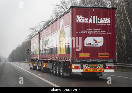 - LEUVEN, BELGIUM: Illustration picture shows the Ecocombi truck during a testride after a press conference of brewery group Anheuser-Busch InBev to present the Ecocombi trucks produced by NinaTrans, Thursday 22 January 2015 in Leuven. PUBLICATIONxINxGERxSUIxAUTxONLY LUCxCLAESSEN 04552031   Leuven Belgium Illustration Picture Shows The Ecocombi Truck during a  After a Press Conference of Brewery Group Anheuser Busch InBev to Present The Ecocombi Trucks produced by  Thursday 22 January 2015 in Leuven PUBLICATIONxINxGERxSUIxAUTxONLY LUCxCLAESSEN 04552031 Stock Photo