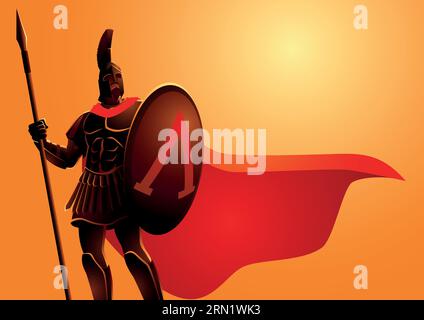 Vector illustration of ancient warrior wearing helmet and red cloak Stock Vector