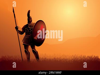 Vector illustration of ancient warrior with his shield and spear standing gallantly on grass field Stock Vector