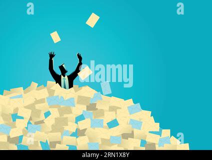 Business illustration of  businessman buried in letters, spam, message, email, junk mail concept Stock Vector