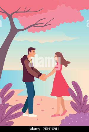 couple holding hands in the park winter scenery vector illustration ...
