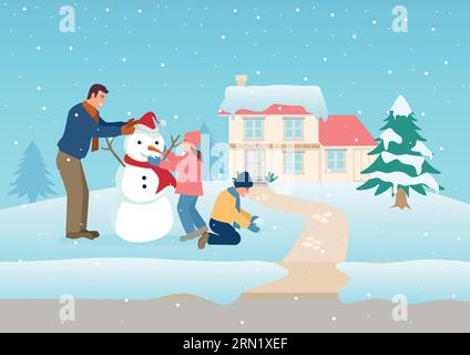 Simple vector illustration of a father playing with his children on winter time Stock Vector