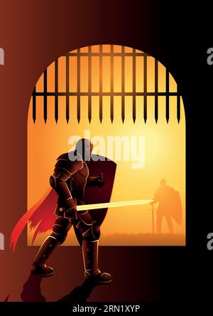 Dramatic vector illustration of a knight waiting by the front gate for a duel Stock Vector