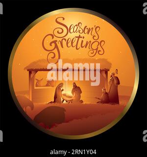 Nativity scene of The Holy Family in stable in circle frame for Christmas theme Stock Vector