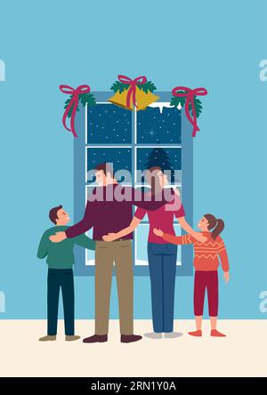 Simple flat vector illustration of happy family in front of the window during winter time, Christmas theme. Stock Vector