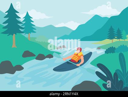 Simple flat vector illustration of man kayaking Stock Vector