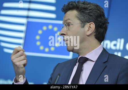 (150126) -- BRUSSELS, Jan. 26, 2015 -- Eurogroup President and Dutch Finance Minister Jeroen Dijsselbloem gestures during a press conference after an Eurogroup finance ministers meeting at EU headquarters in Brussels, Belgium, Jan. 26, 2015. ) BELGIUM-BRUSSELS-EUROGROUP-MEETING YexPingfan PUBLICATIONxNOTxINxCHN   Brussels Jan 26 2015 Euro Group President and Dutch Finance Ministers Jeroen  gestures during a Press Conference After to Euro Group Finance Minister Meeting AT EU Headquarters in Brussels Belgium Jan 26 2015 Belgium Brussels Euro Group Meeting  PUBLICATIONxNOTxINxCHN Stock Photo