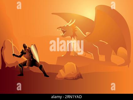 Vector illustration of a knight ready to fight a dragon in its lair Stock Vector