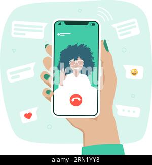 Video call with a girl. Hand holding a smartphone with a woman on the screen. Video conference through mobile phone. Flat vector illustration. Stock Vector