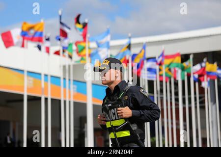 A police officer stands guard at the facilities where the 3rd Summit of the Community of Latin American and Caribbean States (CELAC, for its acronym in Spanish) will take place, in San Antonio de Belen, Heredia Province, 20 km northwest of San Jose, capital of Costa Rica, on Jan. 27, 2015. Leaders of Latin American and Caribbean States will attend the 3rd CELAC summit here on Wednesday and Thursday. Kent Gilbert) (da) COSTA RICA-SAN ANTONIO DE BELEN-POLITICS-CELAC-SUMMIT e KENTxGILBERT PUBLICATIONxNOTxINxCHN   a Police Officer stands Guard AT The Facilities Where The 3rd Summit of The Communit Stock Photo