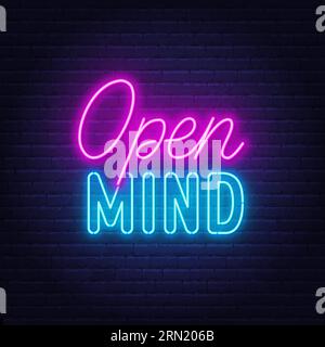 Open Mind neon lettering on brick wall background . Stock Vector