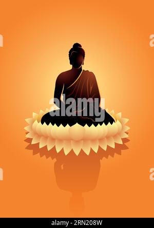 Vector illustration of Buddha meditating on water lotus flower Stock Vector