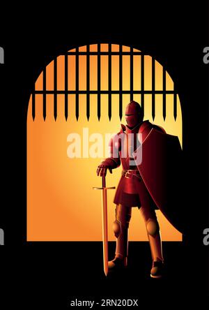 Vector illustration of a medieval knight in armor with sword and shield at the front gate, preparation, protection, precaution concept Stock Vector