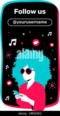 Follow Us vertical banner stories format. Illustration of a woman holding smartphone. Tik tok Style. Cool vector template for your social network. Stock Vector