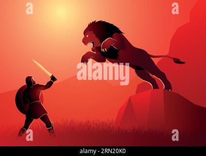 Greek god and goddess vector illustration series, the first of Heracles' twelve labours, Heracles or Hercules fighting the Nemean lion Stock Vector