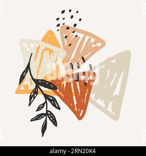 Boho abstract art triangle shapes set. Pastel color pink yellow doodle bundle. Modern hand drawn plant leaf and tropical  soft shape decoration collec Stock Vector