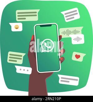 Hand of woman holding smartphone with Whatsapp logo in the screen. Chat communication elements. Vector illustration. Flat colors. Stock Vector