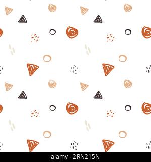 Hand drawn seamless pattern with soft beige, orange and dark grey cute childish elements. Doodle kiddish icons in nice pattern isolated on white backg Stock Vector
