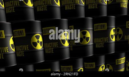 Nuclear radioactive waste barrels in row concept. Danger radiation pollution industrial containers 3d illustration. Stock Photo