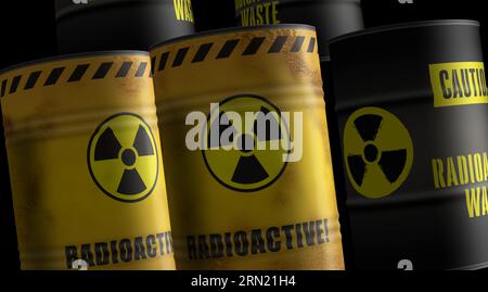 Nuclear radioactive waste barrels in row concept. Danger radiation pollution industrial containers 3d illustration. Stock Photo