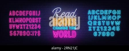 Read Books Change the World neon lettering on brick wall background. Pink and blue neon alphabets. Stock Vector