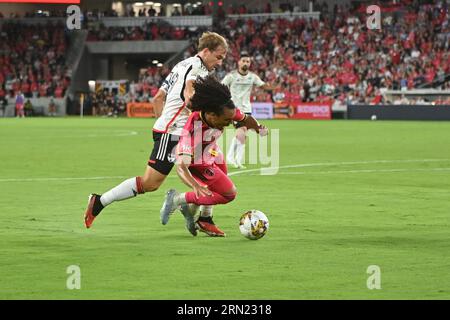 St. Louis, Missouri, USA. 30th Aug, 2023. St. Louis City SC midfielder AZIEL JACKSON (25) and FC Dallas midfielder PAXTON POMYKAL (19) get entangled in action at CityPark in St. Louis. (Credit Image: © Sven White/ZUMA Press Wire) EDITORIAL USAGE ONLY! Not for Commercial USAGE! Stock Photo