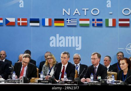 (150205) -- BRUSSELS, Feb. 5, 2015 -- NATO Secretary General Jens Stoltenberg (2nd L, front) speaks during the NATO defense ministers meeting at the Alliance headquarters in Brussels, capital of Belgium, Feb. 5, 2014. NATO Defense Ministers gathered here on Thursday to discuss the implementation of the Readiness Action Plan and the Ukraine crisis. Zhou Lei) BELGIUM-NATO-DEFENSE MINISTER-MEETING ?? PUBLICATIONxNOTxINxCHN   Brussels Feb 5 2015 NATO Secretary General Jens Stoltenberg 2nd l Front Speaks during The NATO Defense Minister Meeting AT The Alliance Headquarters in Brussels Capital of Be Stock Photo