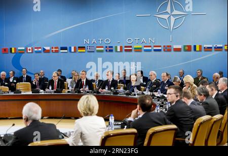 (150205) -- BRUSSELS, Feb. 5, 2015 -- NATO Secretary General Jens Stoltenberg (2nd L, C) speaks during the NATO defense ministers meeting at the Alliance headquarters in Brussels, capital of Belgium, Feb. 5, 2014. NATO Defense Ministers gathered here on Thursday to discuss the implementation of the Readiness Action Plan and the Ukraine crisis. Zhou Lei) BELGIUM-NATO-DEFENSE MINISTER-MEETING ?? PUBLICATIONxNOTxINxCHN   Brussels Feb 5 2015 NATO Secretary General Jens Stoltenberg 2nd l C Speaks during The NATO Defense Minister Meeting AT The Alliance Headquarters in Brussels Capital of Belgium Fe Stock Photo